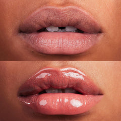 Kosas Wet Lip Oil Gloss on lips shows plush texture and juicy shine.