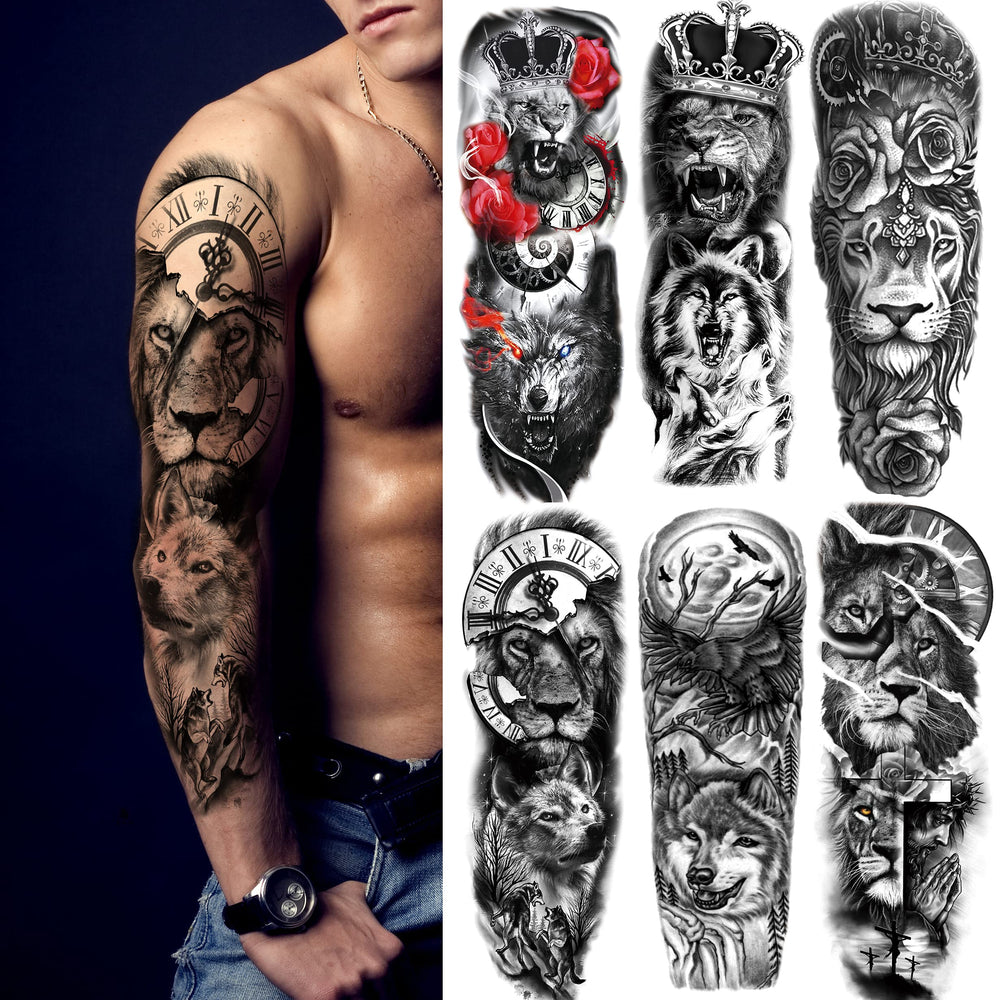Kotbs lion-wolf sleeve tattoo set offers bold full-arm coverage for cosplay.