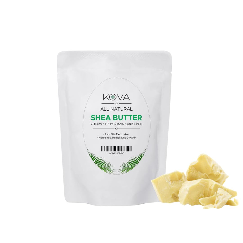 Kovafood Yellow Shea Butter packaging highlights pure, unrefined formula for daily moisturization.