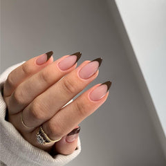 KQueenest brown French tip nail design close-up highlights premium finish.