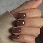 KQueenest brown press-on nails in short coffin square offer a glossy, salon-like manicure