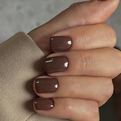 KQueenest brown press-on nails in short coffin square offer a glossy, salon-like manicure