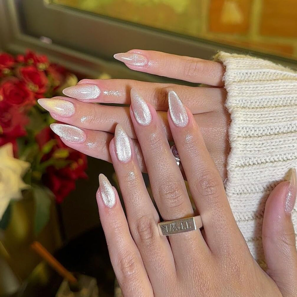 KQueenest glitter cat eye press on nails with UV coating for salon sparkle