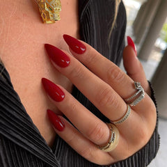 KQueenest red almond press-on nails, close-up of durable color with UV coating.