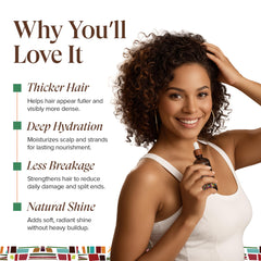 Kreyol Essence fuller-looking hair achieved with castor oil nourishing treatment.