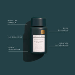 Kristin Ess Anytime Anywhere Scalp and Hair Milk Oil label close-up highlighting premium ingredients.