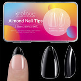 krofaue almond nails tips front pack showing 12 sizes for quick, precise fit