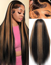 KUKIM 30-inch ombre straight wig with lace front for natural parting.