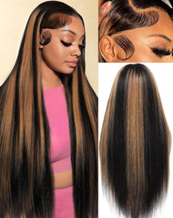KUKIM 30-inch ombre straight wig with lace front for natural parting.