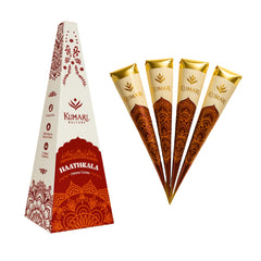 Kumari Kulture henna cone delivers dark brown shade for detailed mehndi designs.