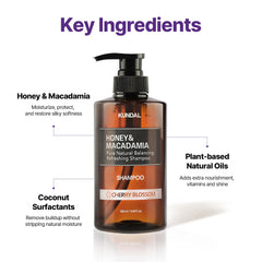 KUNDAL Honey Extract illustration emphasizes conditioning and strengthening benefits.