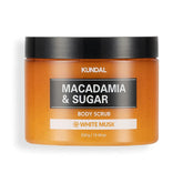KUNDAL Macadamia & Sugar Body Scrub packaging showing premium ingredients and care