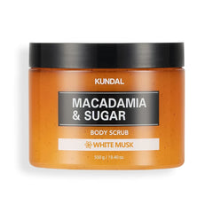KUNDAL Macadamia & Sugar Body Scrub packaging showing premium ingredients and care