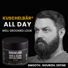 Kuschelbär pomade jar display highlighting natural extracts for beard care