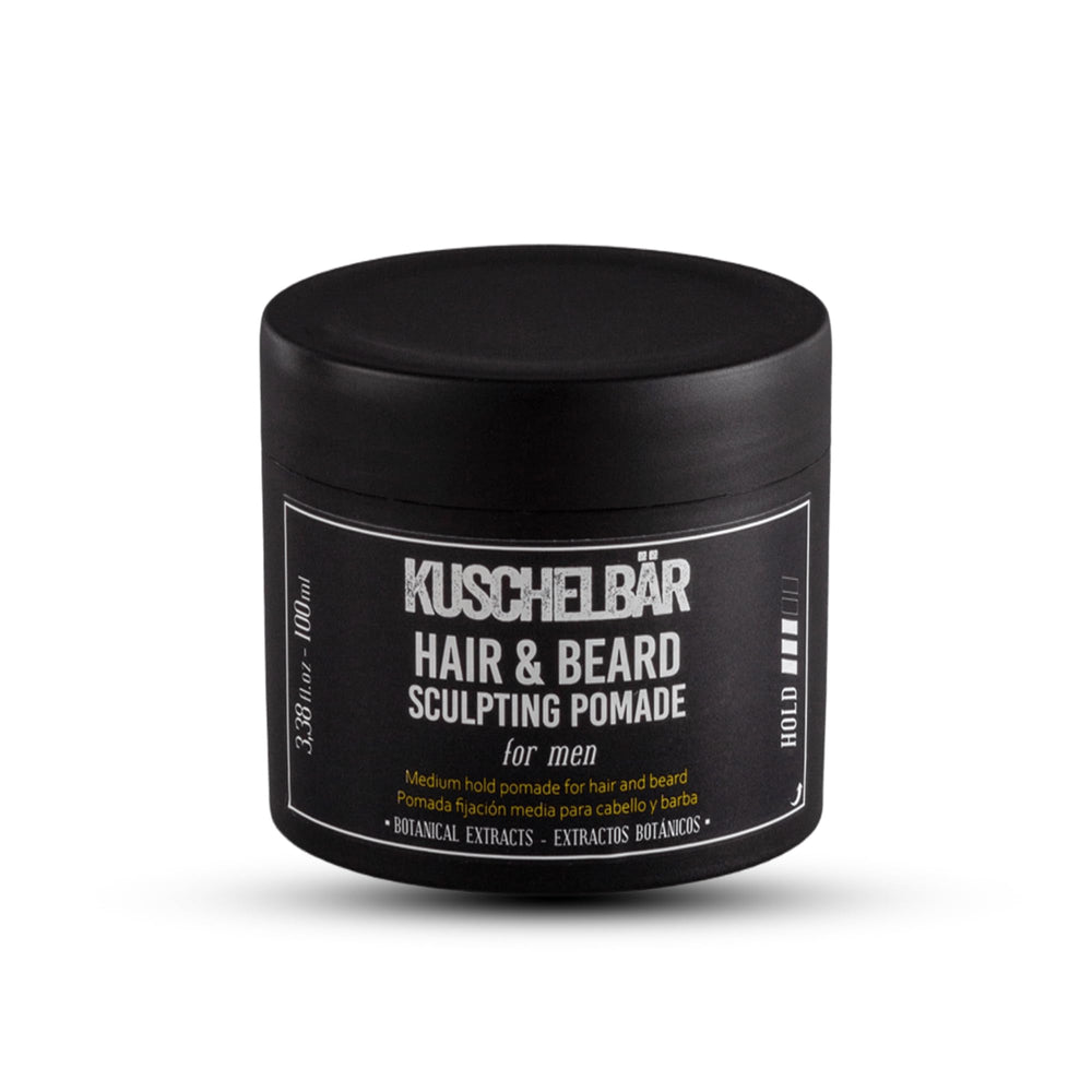 Kuschelbär pomade packaging close-up showing strong hold for grooming