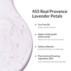 Kustie Lavender Petal Body Wash bottle shows petals, signaling a botanical spa-like cleanse.