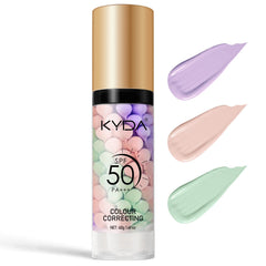 KYDA 3-in-1 primer purple bottle applies even skin tone with SPF protection.