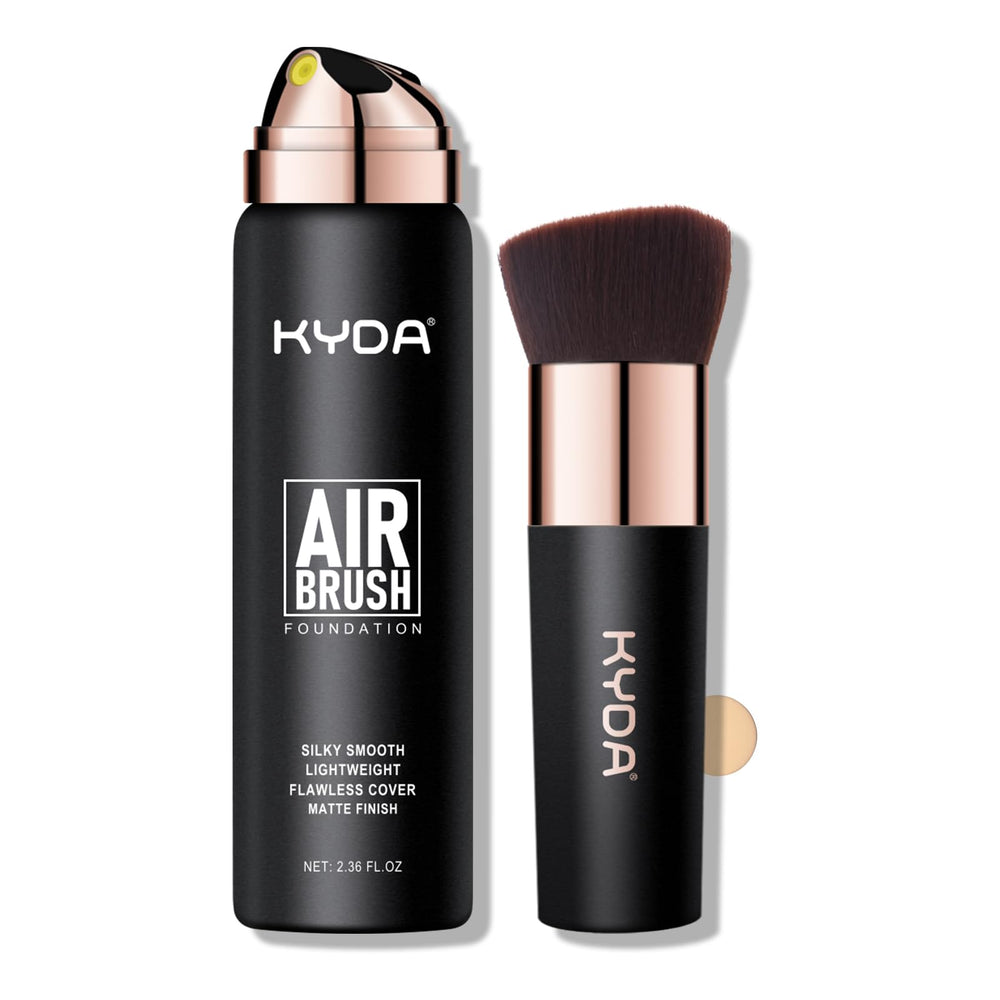 KYDA AirBrush Foundation Spray bottle closeup offering flawless, even coverage.