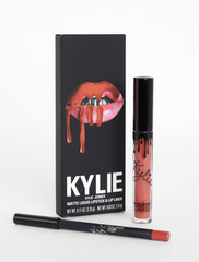 Kylie Cosmetics matte lip kit packaging displays autumn shades for all-day wear.