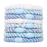 L. Erickson blue and white hair ties closeup showing strong hold for thick hair