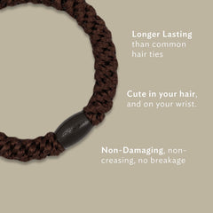 L. Erickson hair ties with elastic core for slip-free hold.
