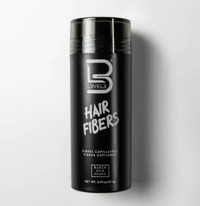 L3 Level 3 hair fiber bottle blends natural color for a fuller look.
