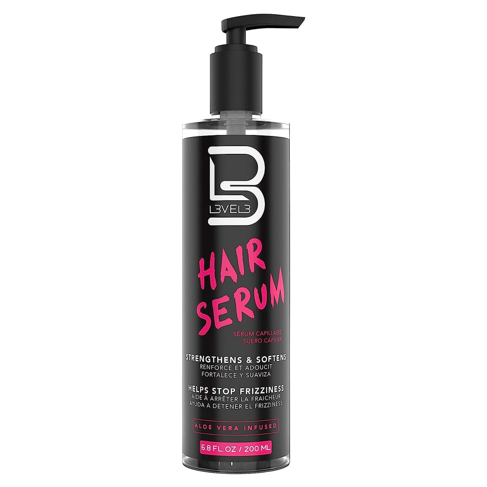 L3 Level 3 Hair Serum bottle closeup showing lightweight frizz-control formula