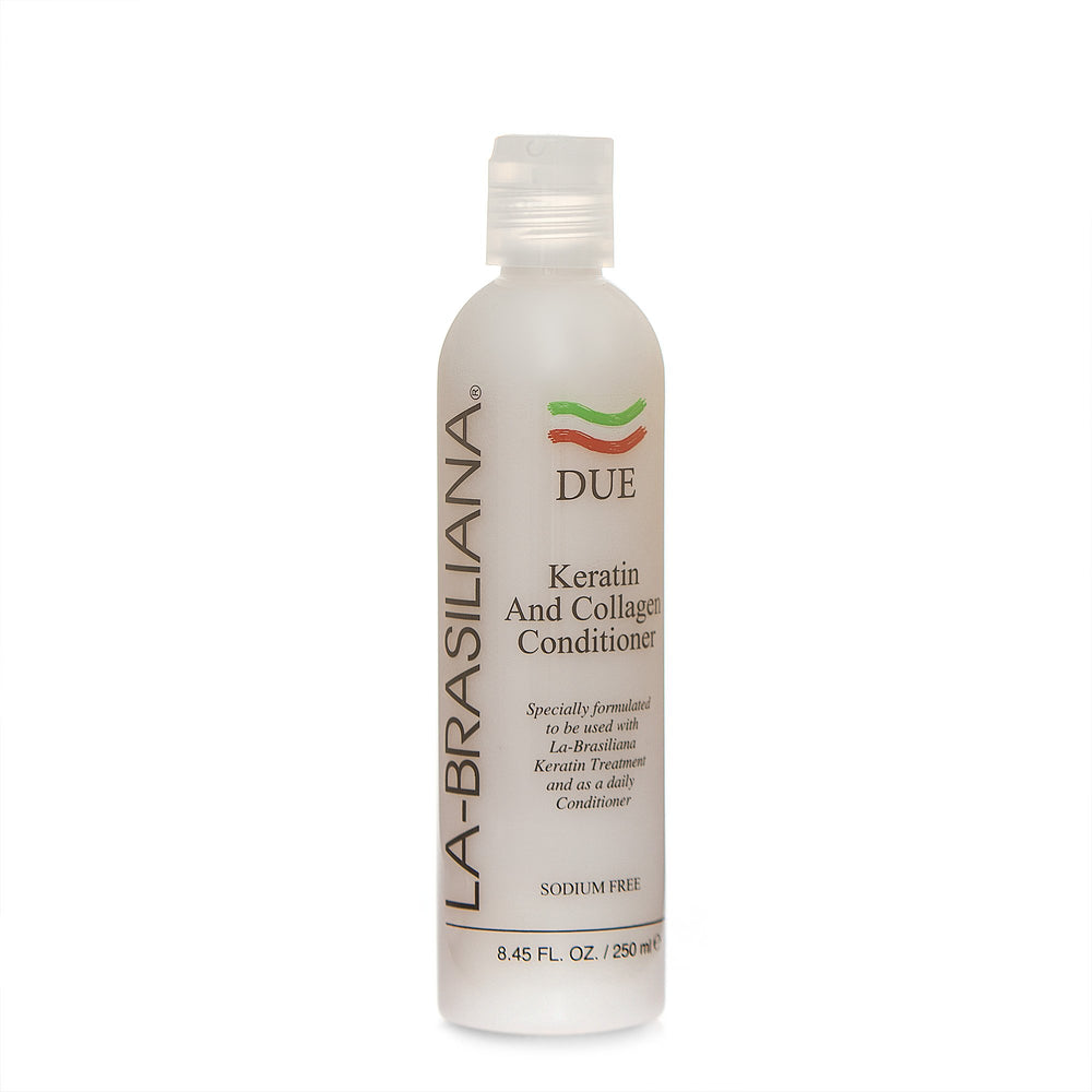 La-Brasiliana Due Keratin and Collagen Conditioner bottle pouring for smoother hair.