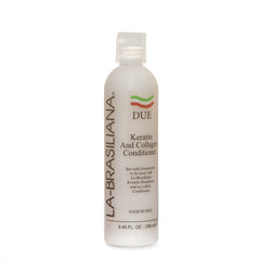 La-Brasiliana Due Keratin and Collagen Conditioner bottle pouring for smoother hair.