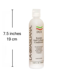 La-Brasiliana Due Keratin and Collagen Conditioner packaging highlighting keratin and collagen benefits.