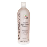 La-Brasiliana Uno Keratin Shampoo bottle front, helps restore shine for chemically treated hair.