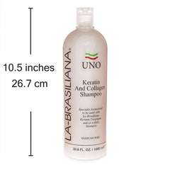 La-Brasiliana Uno Keratin Shampoo packaging, embodies a rich, sodium-free formula for everyday care.