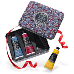 La Chatelaine gift set tin with three travel-size hand creams for gifting