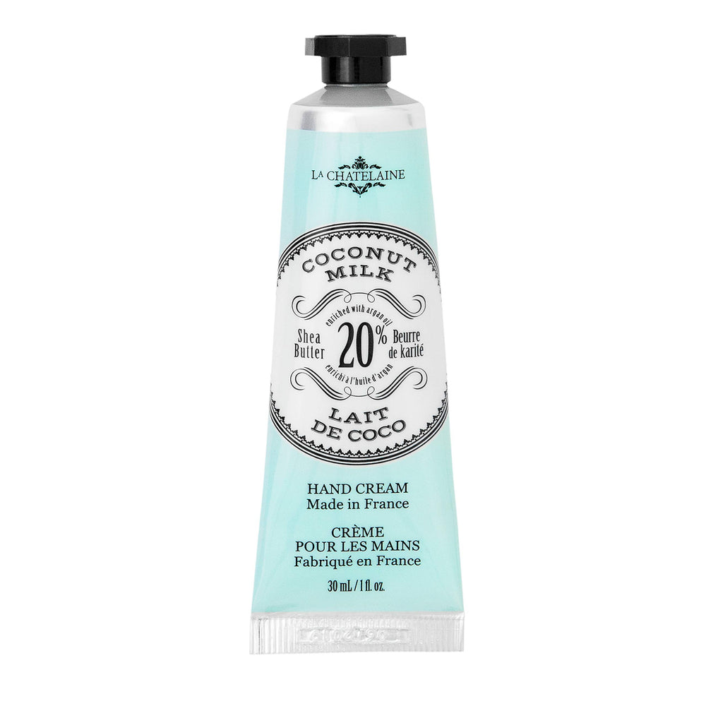 La Chatelaine travel-size hand cream in coconut milk tube for on-the-go hydration.