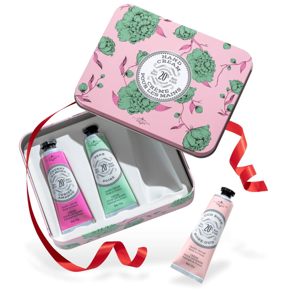 La Chatelaine Rose Hand Cream Trio Tin set showing three scented tubes for everyday nourishment
