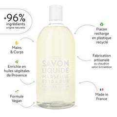 La Compagnie de Provence Cotton Flower liquid soap bottle pour, delivering a delicate fragrance for daily hand care.