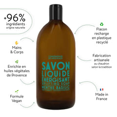 La Compagnie de Provence mint basil liquid soap foam close-up for gentle cleansing.