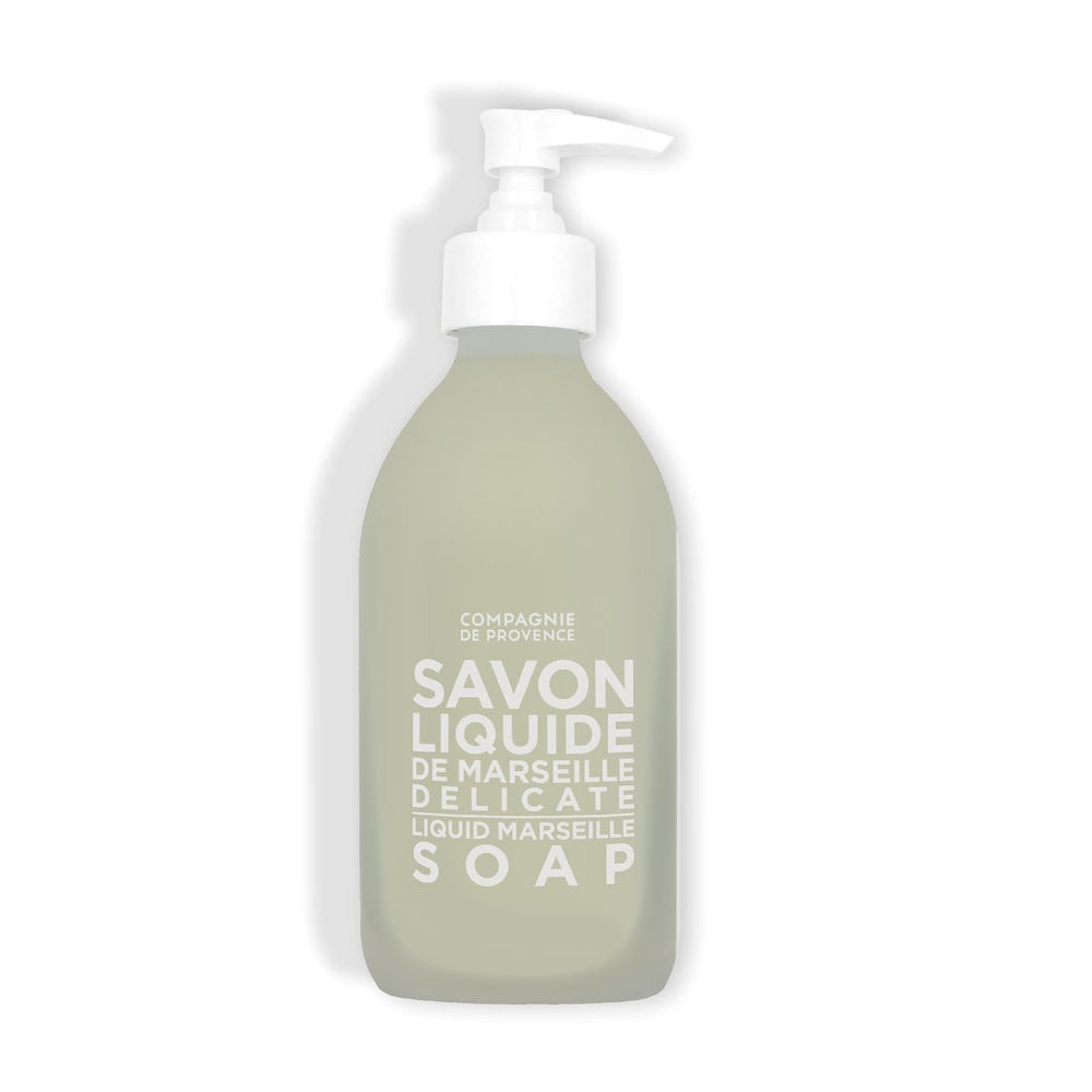La Compagnie de Provence nourishing liquid soap bottle front view with elegant glass packaging.