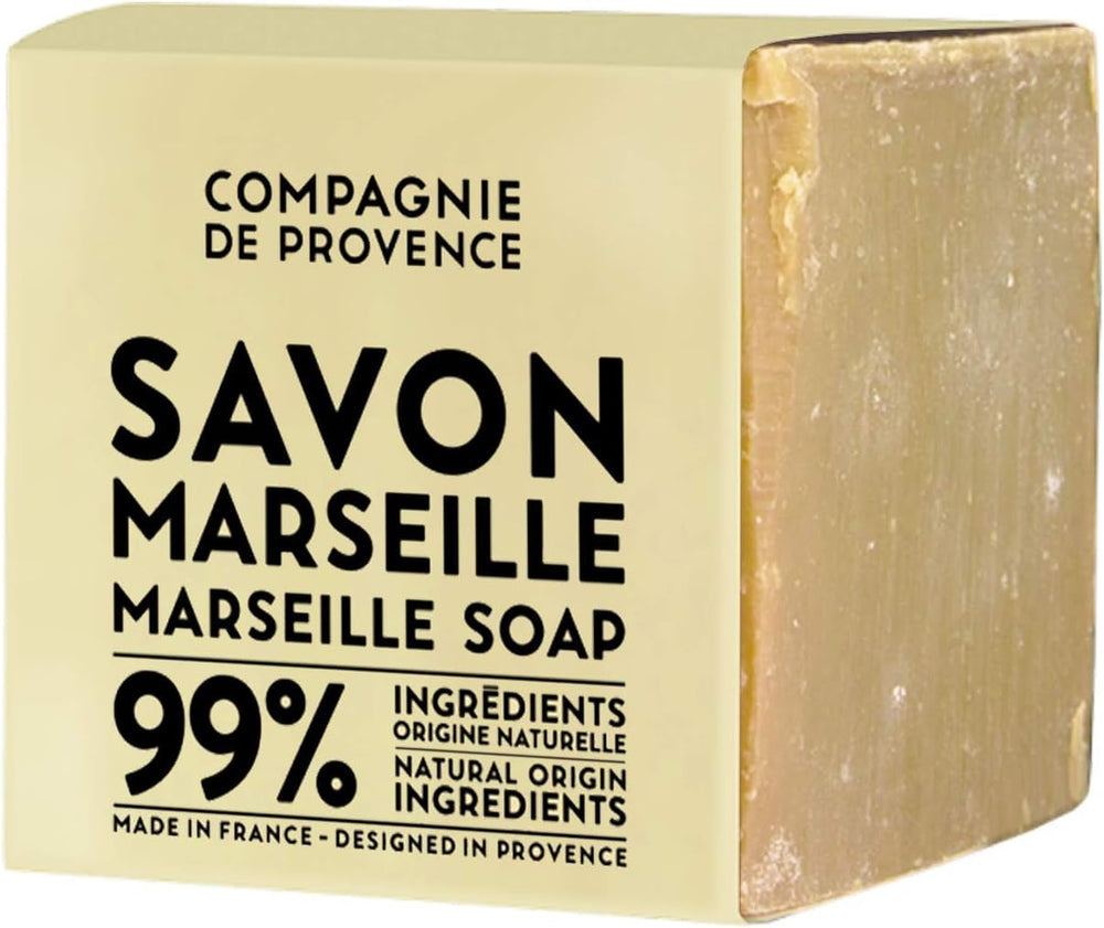La Compagnie de Provence Savon Marseille Palm Soap Cube front label highlights authentic handmade quality.