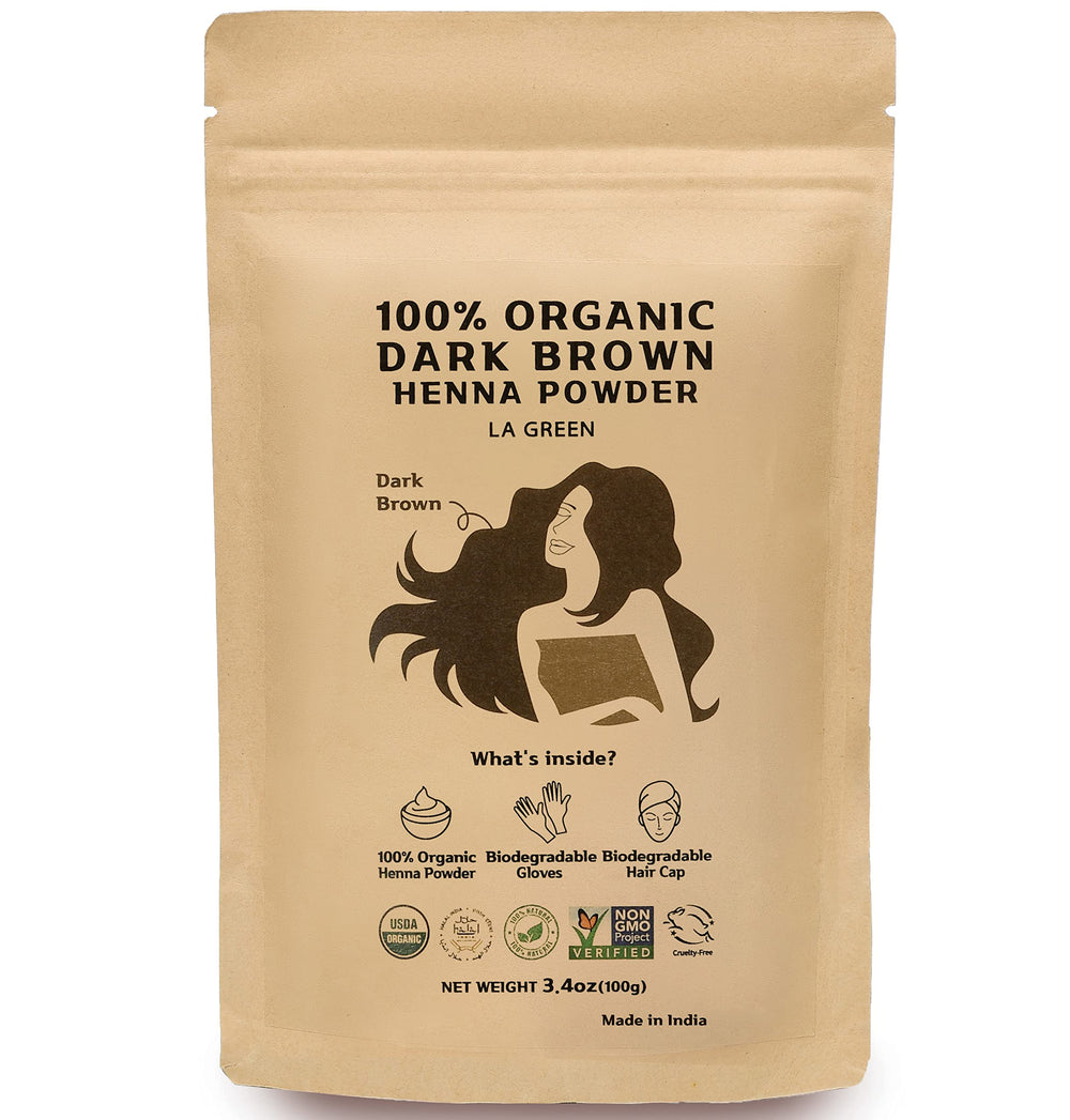 LA GREEN henna powder packaging highlights organic origin for natural hair color.