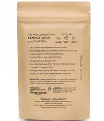 LA GREEN dark brown henna powder closeup shows fine dust for even application.