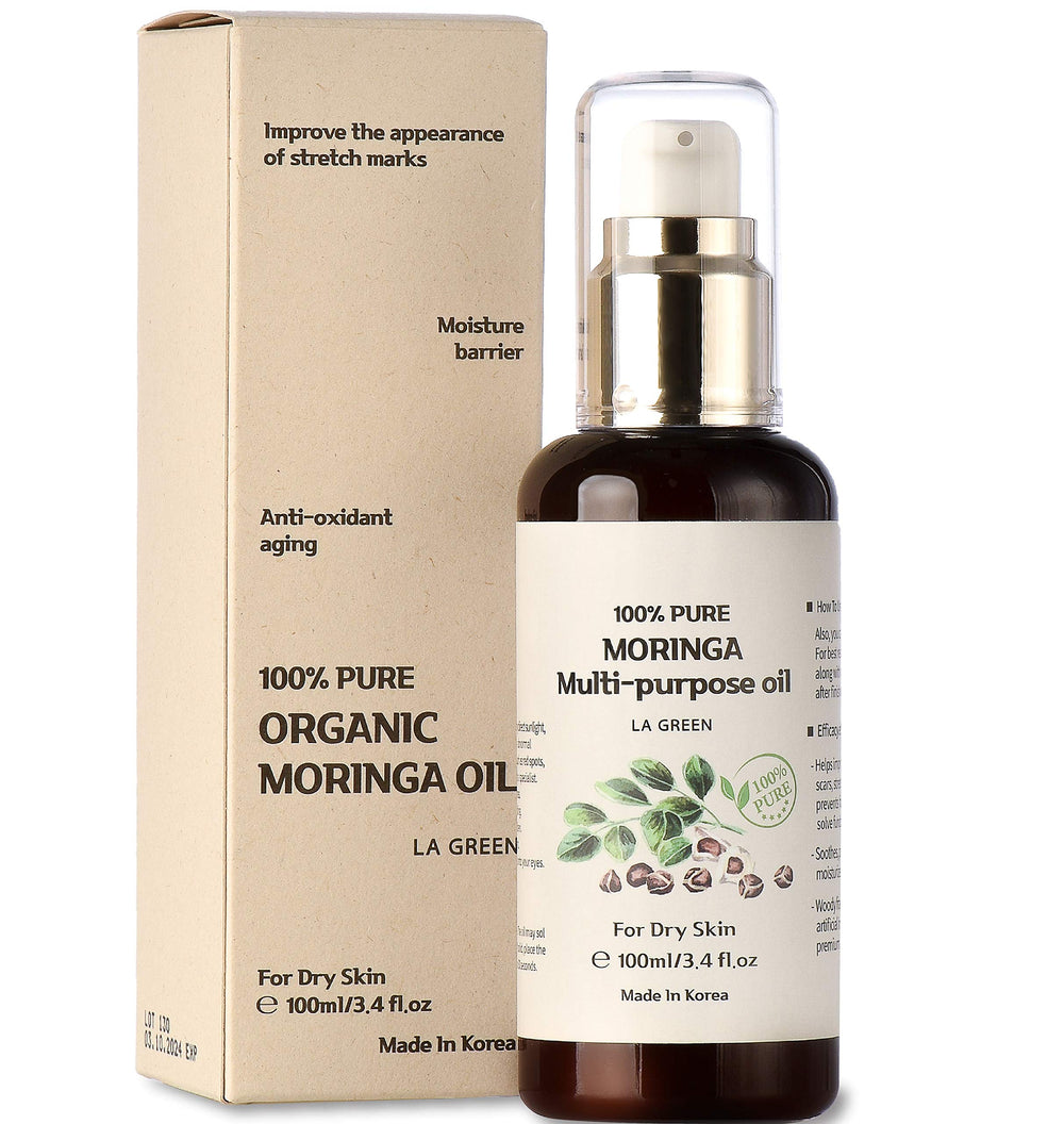 LA GREEN Moringa Oil bottle with pump for convenient daily use.