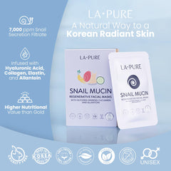 LA PURE Snail Mucin Mask applied on the face for a refreshed glow.