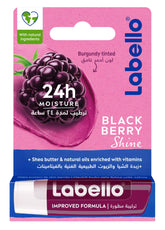 Labello Blackberry Shine lip balm tube showing berry glow and moisture