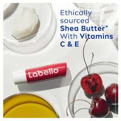 Labello Cherry lip balm nourishing formula for hydrated lips.