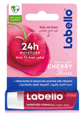 Labello Cherry lip balm packaging shows cherry-themed design with a glossy lip shine.