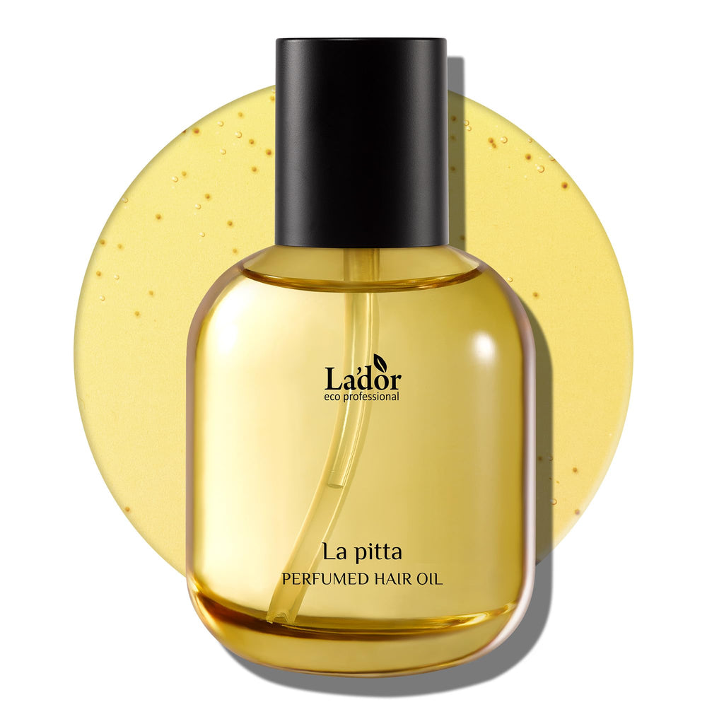 LA'DOR hair perfume oil bottle close-up showing nourishing shine and frizz control