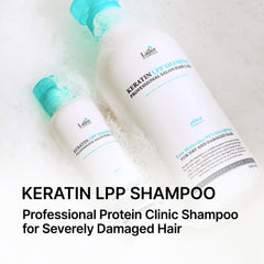 LA'DOR Keratin LPP Shampoo pump close-up—protein-rich formula nourishes strands