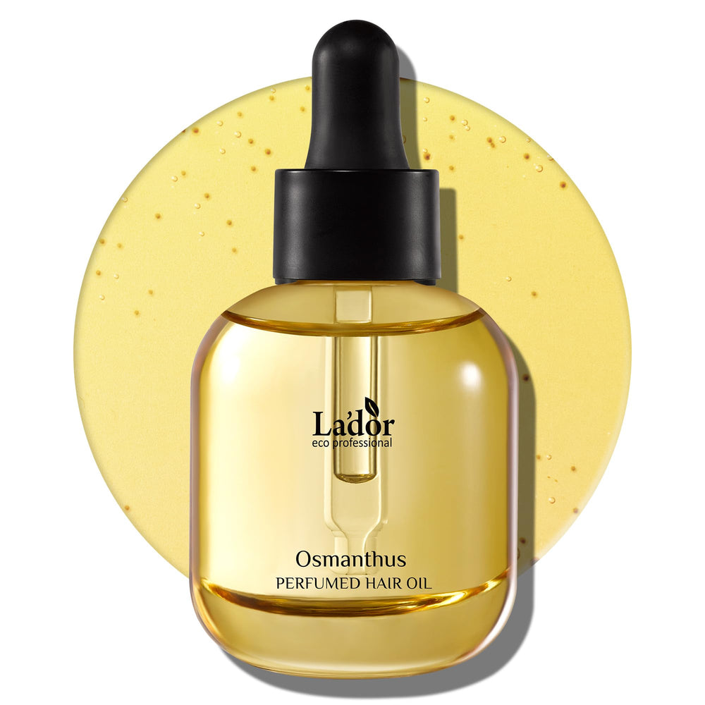 LA'DOR Osmanthus hair perfume oil bottle shows sleek packaging and nourishing gloss.