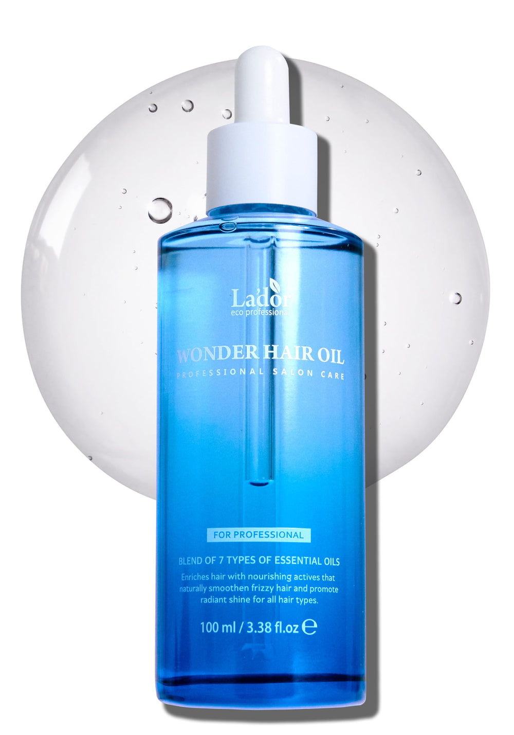 LA'DOR Wonder Hair Oil bottle close-up showing anti-frizz formulation boosts shine